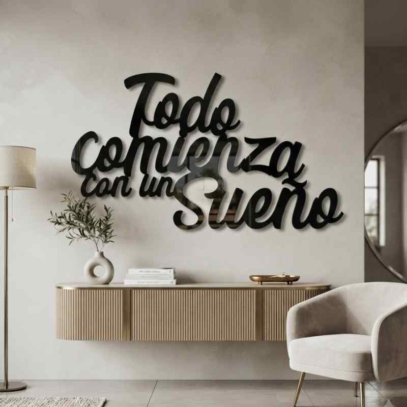cuadro recortado en metal de frase motivadora.
