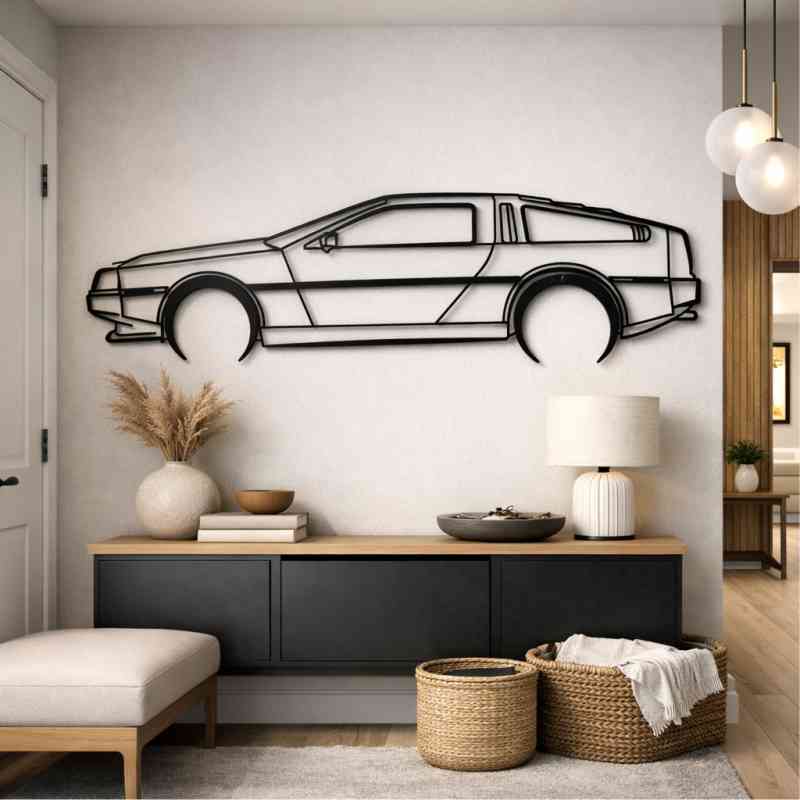 cuadro recortado en metal del delorean para pared.