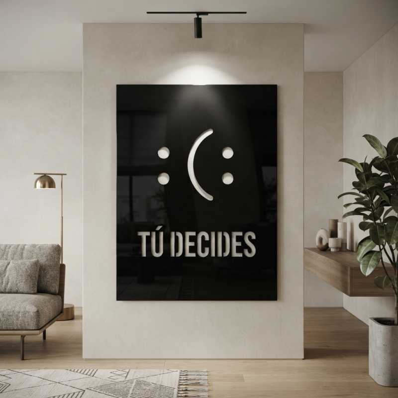 cuadro recortado en metal de frase motivadora.