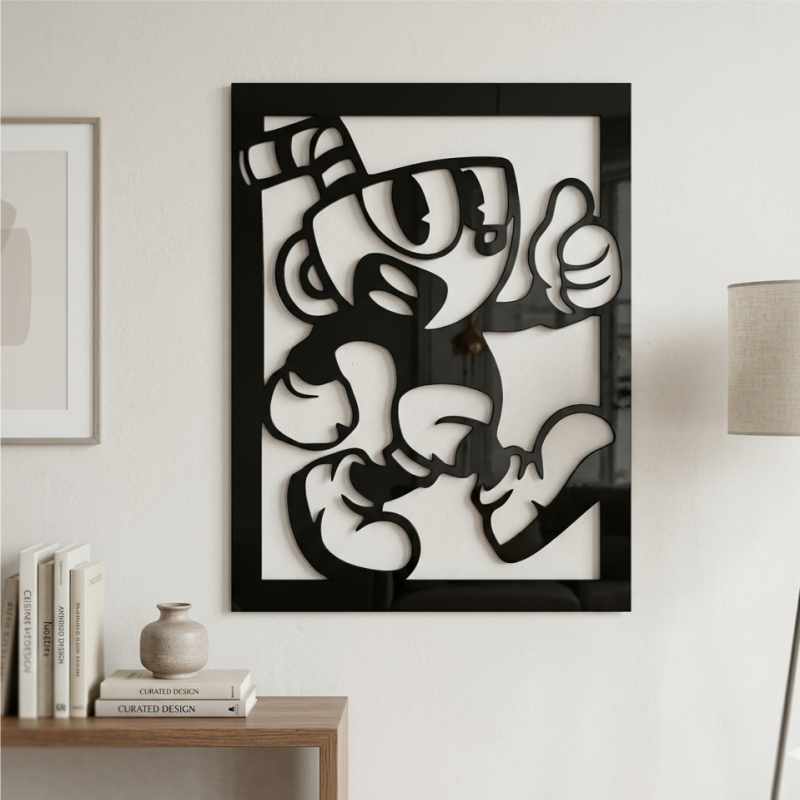 cuadro recortado en metal de cuphead para pared.