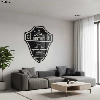 cuadro recortado en metal de escudo de futbol "elche c.f" para pared.